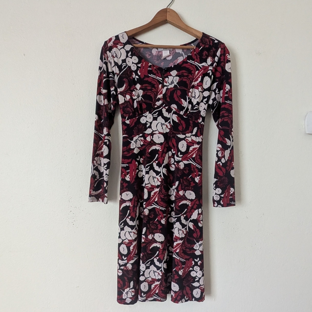 Vintage 90s Y2K Dark Floral Empire Waist Midi Dress, Stretchy Knit